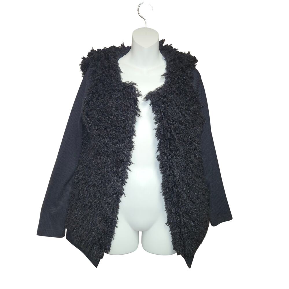 Tulle Womens Small Black Boucle Open Cardigan Fuzzy Textured Jacket Knit Sleeves